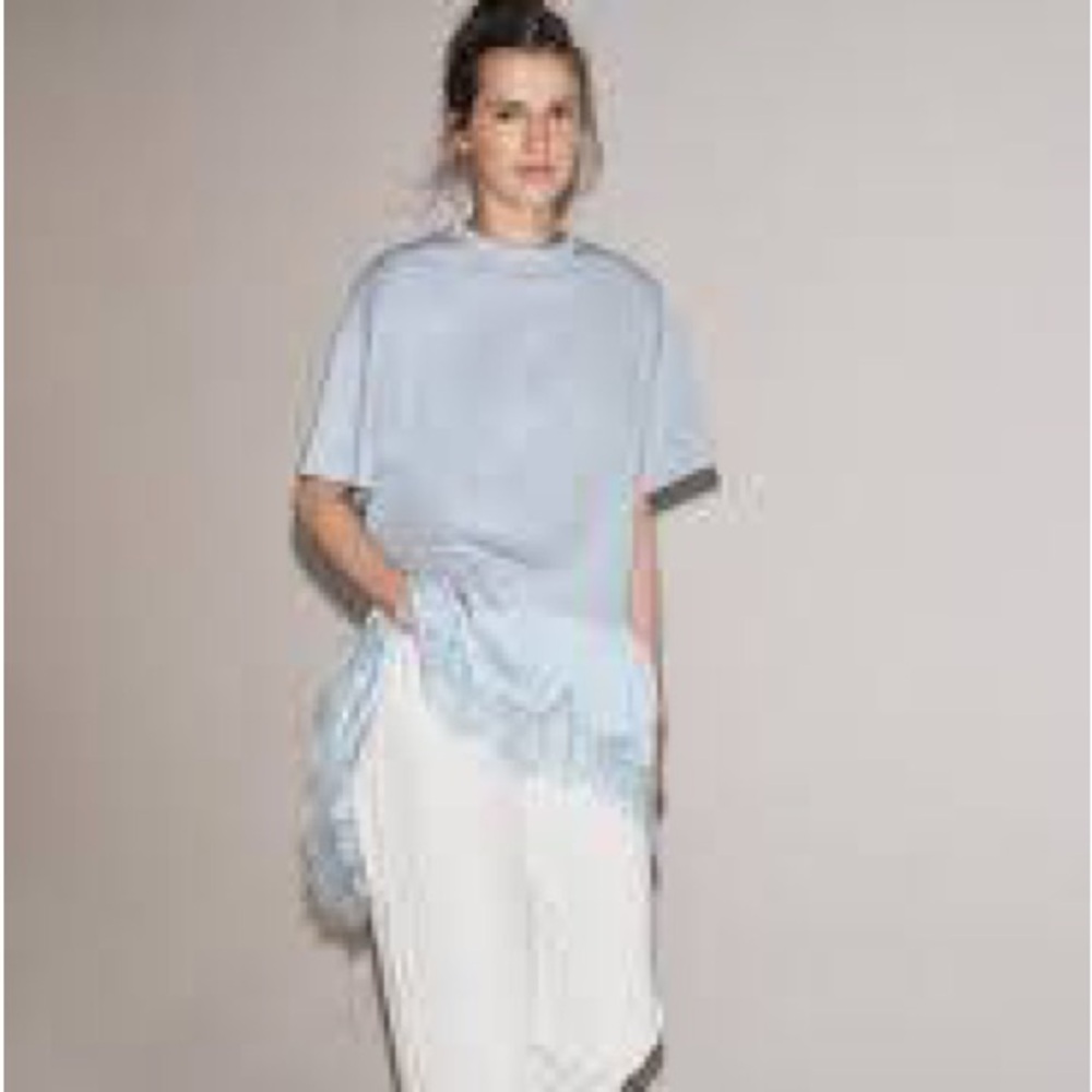 Zara Pale Blue Short-Sleeve Fringe Hem Top